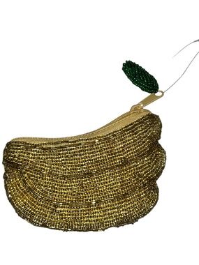 Gold green Beaded Bunches of BANANAS zip pouch coin purse bag 4.5x2.5 NEW